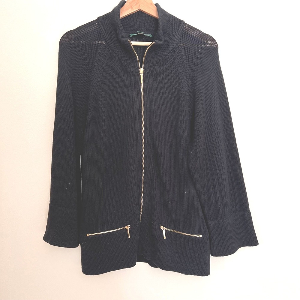 Lauren Ralph Lauren Womens XL Black‎ Cotton Full Zip Cardigan Sweater Classic